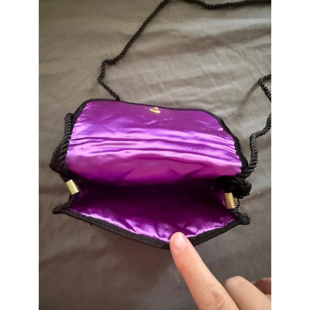 Vintage Black Quilted Satin Bow Crossbody Bag Purple Lining Tassel Evening Purse